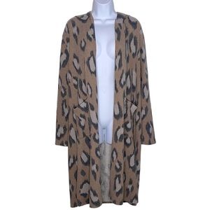 PHIL LOVE Leopard Print Hoodie Open Front Cardigan Duster Long Sleeves Tan Gray